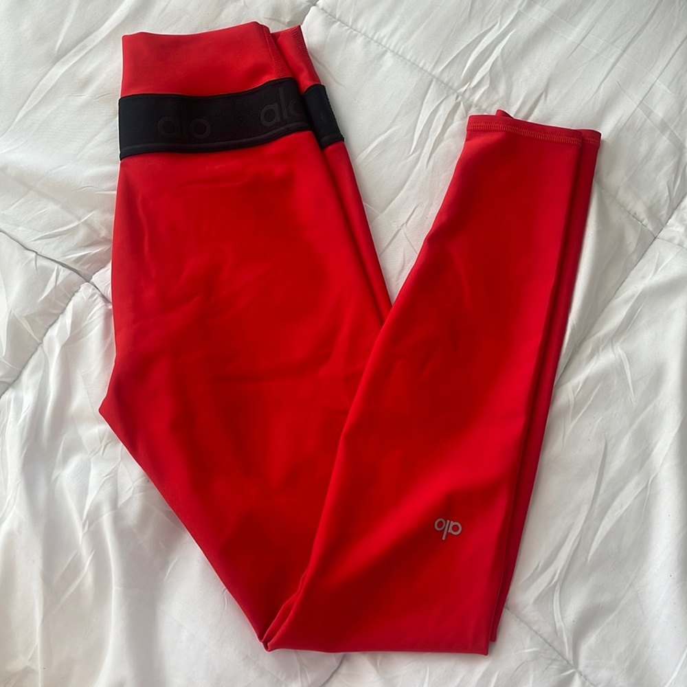ALO Yoga Red High-Waisted Leggings with Black Stripe